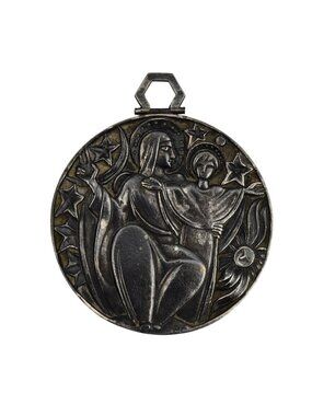 Art Deco Fernand Py French Cradle Medallion Silver Plate Bronze Madonna & Child